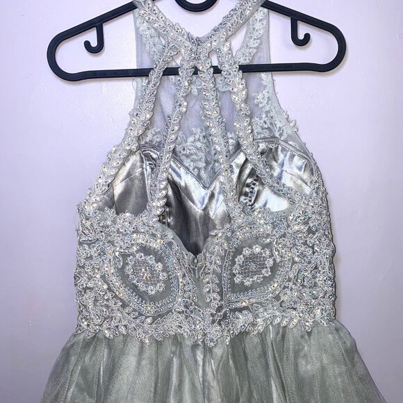Silver Beaded Tulle Dress Halter Neckline Fairy Witchy Prom Wedding Princess - Picture 3 of 12